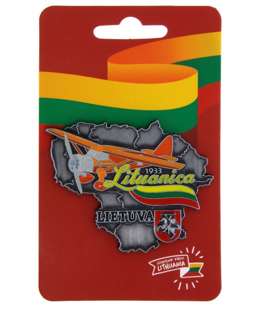 Metal Magnet Lithuania Map Outline with Lituanica 1933 Airplane